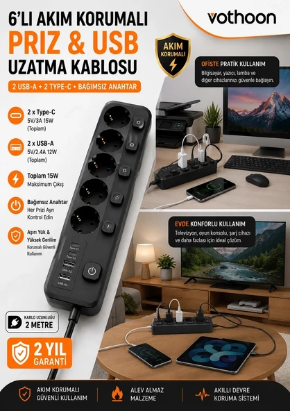 Akım Korumalı 5 li Priz 2xusb 2xtype-c Çıkış Akım Koruma Çoklu Priz Çoğaltıcı Anahtarlı Ftr-31 Siyah ürün görseli 1
