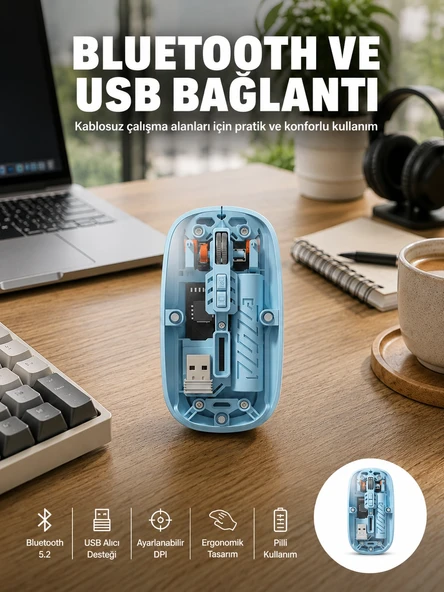 Bluetooth 5.2 Destekli Mavi Pilli Kablosuz Mouse Yeni Nesil ürün görseli 1