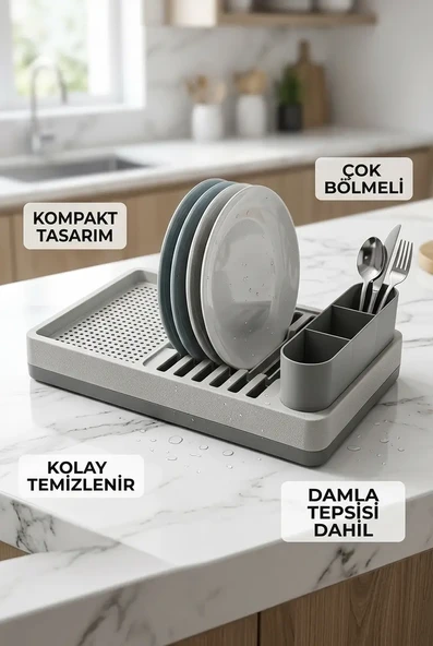 Minimal Gri Tezgah Üstü Bulaşıklık Tabak Bardak Kaşık Kurutmalık Mutfak Rafı ürün görseli 1