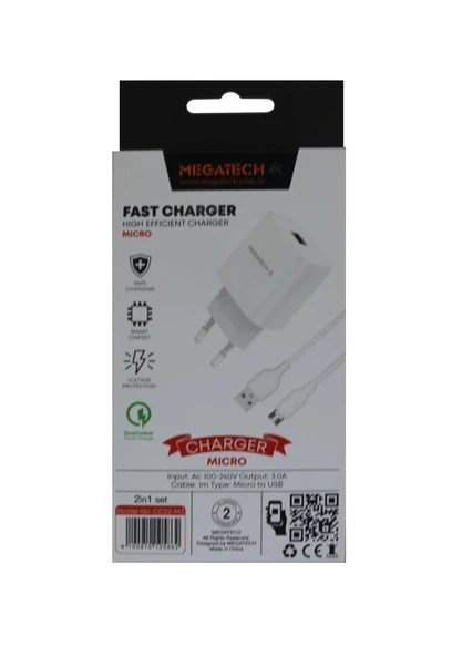 Megatech CC01 (CC22-M3 ) 2in1 5v-3.0 Ev Şarj+ Micro Kablo Hızlı Şarj ürün görseli 1