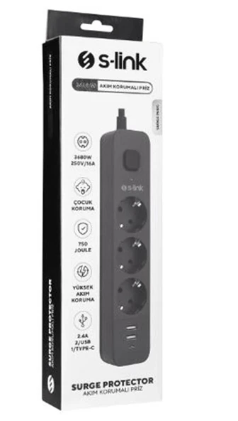 S-link SPG03U  5V2.4A 1.5m 3x1.00mm 100 yüzde  Bakır 750 Joule 3 lü Anahtarlı Akım Korumalı Siyah Priz ürün görseli 1