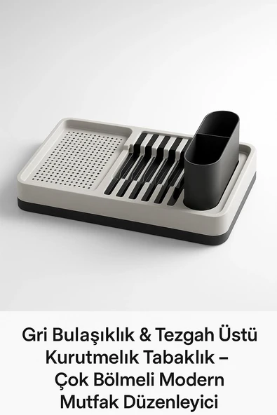 Tezgah Üstü Bulaşıklık Gri Tabak Bardak Kaşık Çatal Kurutmalık Mutfak Standı ürün görseli 1