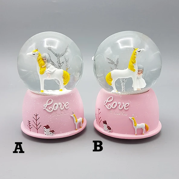 Mini Pembe Kar Küresi - Sevimli Unicorn ve Kız Tasarımlı - Işıklı ürün görseli 1