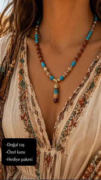 Doğal Taş Turkuaz, Rudraksha ve 7 Çakra Kristalli Bohem Tasarım Kadın Kolye ürün görseli 1