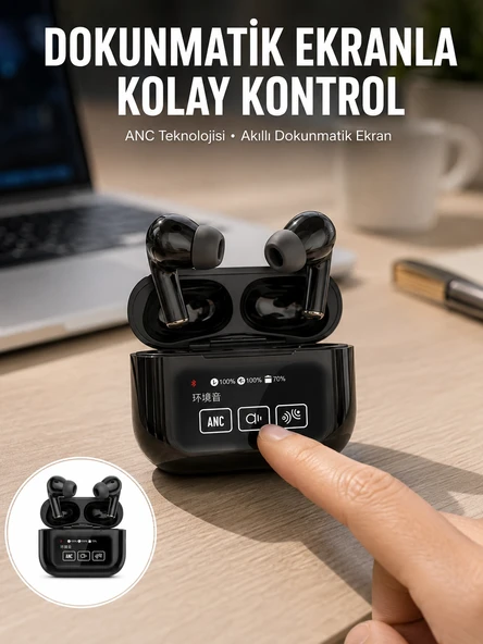 Yeni Nesil Anc Özellikli Çağrı Cevaplayan Dokunmatik Ekranlı Bluetooth Kulaklık Siyah Yeni Nesil ürün görseli 1