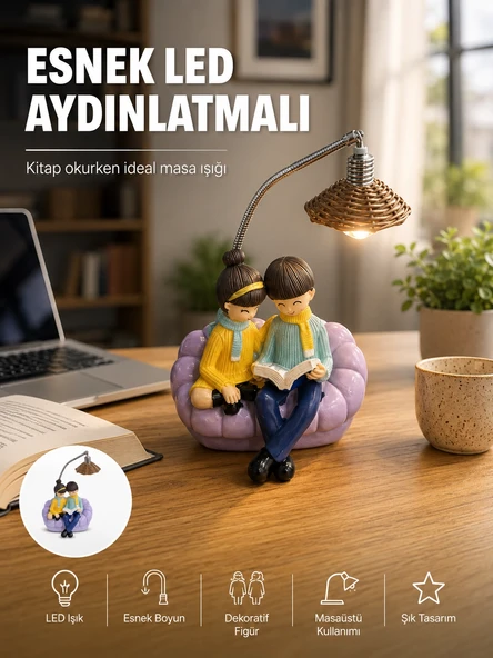 Okuyan Çift Figürlü Dekoratif Gece Lambası Hediye Seçeneği ürün görseli 1