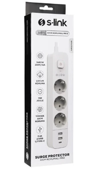 S-link SPG03TC 5V2.4A 1.5m 3x1.00mm 100 yüzde  Bakır 750 Joule 3 lü Anahtarlı Akım Korumalı Beyaz Priz ürün görseli 1