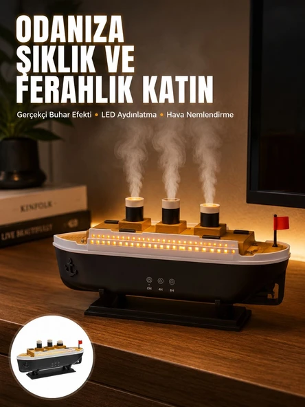 Ultra Sessiz Titanik Gemi LED Işıklı Aroma Difüzörü Oda Nemlendirici Yeni Nesil ürün görseli 1
