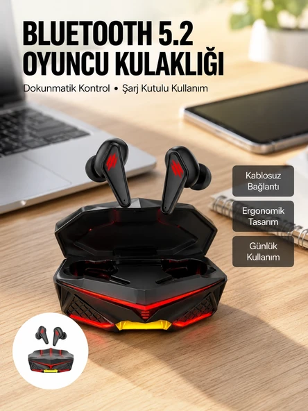 Profesyonel TWS Işıklı Kablosuz Bluetooth Kulaklık Oyuncu Kulaklığı Yeni Nesil ürün görseli 1