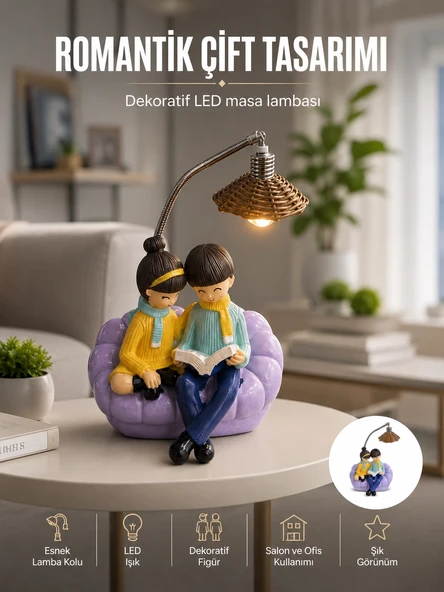 Romantik Çift Figürlü Okuyan Çift Masa Lambası Dekoratif LED Aydınlatma ürün görseli 1
