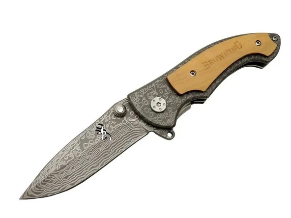 2-31 Damascus Kamp Çakı 19,5cm - Yarı Otomatik, Kemerlikli, Ahşap Metal Sap ürün görseli 1