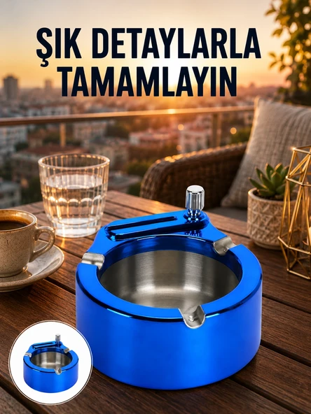 Yuvarlak Metal Küllük Çakmak Entegreli Dayanıklı Yapı Yeni Nesil ürün görseli 1