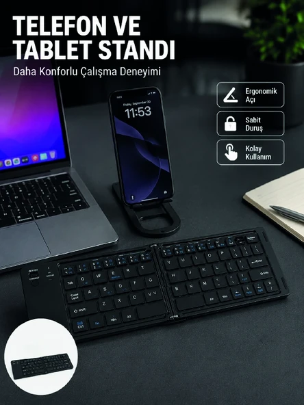 Bluetooth Katlanabilir Klavye USB-C Şarjlı 3 Cihaz Bağlantılı Taşınabilir Klavye ürün görseli 1