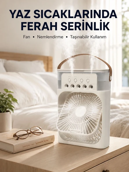 Taşınabilir 3'ü 1 Arada Mini Fan | Nemlendirici + Soğutucu + Gece Lambası Yeni Nesil ürün görseli 1