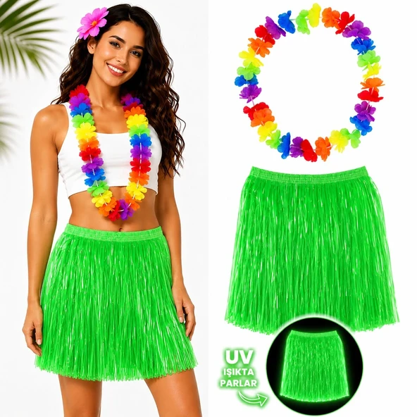 Neon Yeşil Hawaii Etek 40 cm ve Rengarenk Hawaii Kolye ürün görseli 1