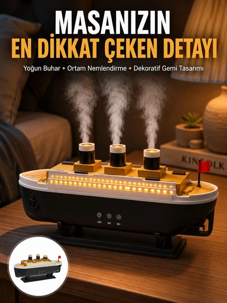 7 Renk Ortam Işıklı Dekoratif Gemi Tasarım Hava Nemlendirici Difüzör Yeni Nesil ürün görseli 1