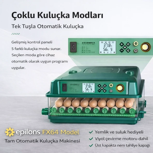 FX64 Model Tam Otomatik Kuluçka Makinesi Yeni Nesil Havalandırmalı Sulu Sistem ürün görseli 1