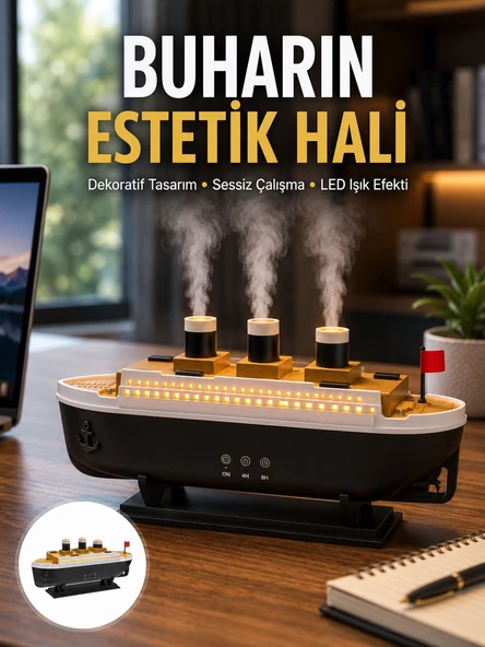 Dekoratif Gemi Modeli 7 Renk Işıklı Hava Nemlendirici ve Oda Kokusu Difüzörü Yeni Nesil ürün görseli 1