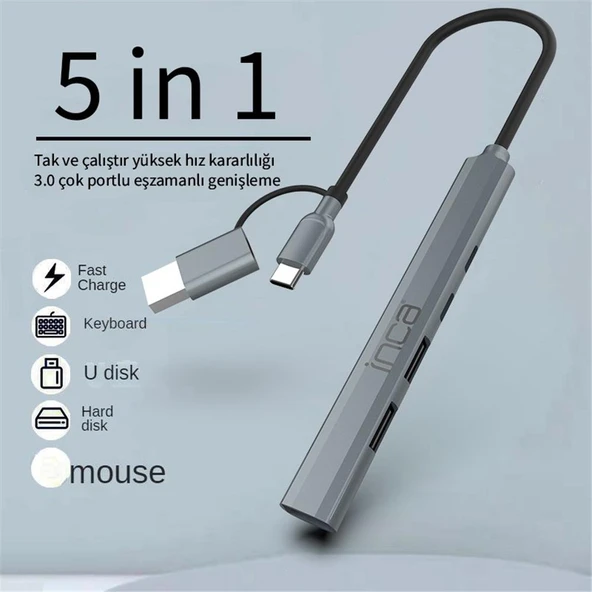 Inca IUTP-06TX 5in1 USB 3.0 + 2xUSB 2.0+Type-C+PD 100W USB+Type-C Çoklayıcı 3.0 ile 5 Gbps ürün görseli 1