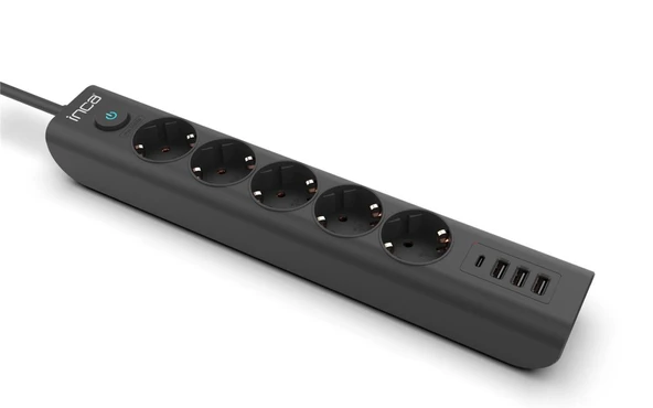 INCA IPW-44TU 5li 1,5mt Siyah 3Usb+Typ-C Akım Korumalı  Led Tuşlu Priz ürün görseli 1