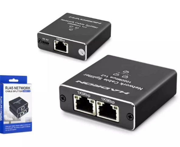 Hadron Hdx1347 100mt Network Splitter Gigabit Rj45 1000Mbps 1-In 2-Out Siyah ürün görseli 1