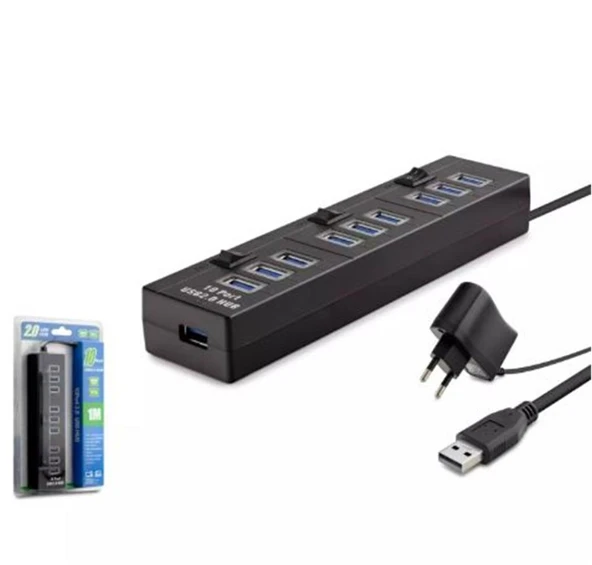Hadron Hdx7005 Usb Hub 10-Usb 1M Siyah ( Güç Adaptörlü) ürün görseli 1