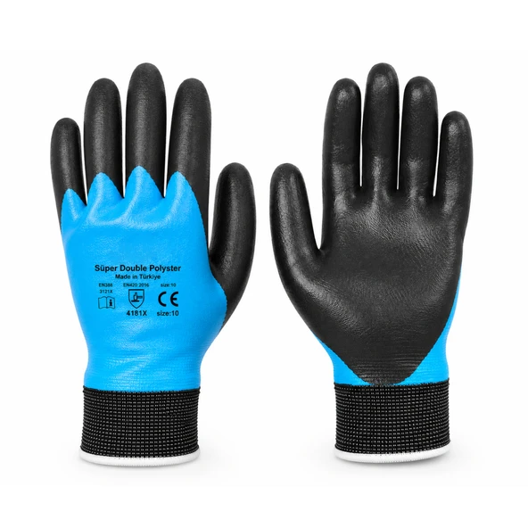 1 Çift Nitril (Mavi Siyah) No: 10 Beden Polyester Double Nitril İş Güvenlik İnşaat Eldiveni ürün görseli 1