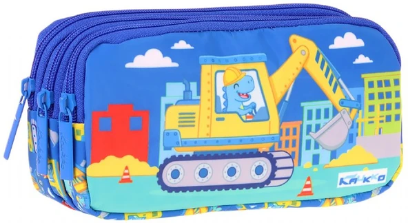 Kaukko Kids Dinazor ve İş Makinesi Baskılı Mavi - Sarı Erkek Çocuk Okul Kalemliği Kalem Çantası - L5371 ürün görseli 1