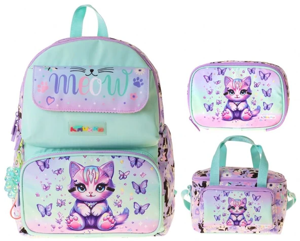 Kaukko Kids Meow(Yeşil - Mor Renk) Kız Çocuk Üçlü İlkokul Okul Çantası Seti/Takımı - SETKK-L5288D ürün görseli 1