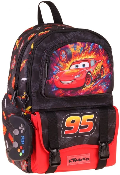 Kaukko Kids Dört Bölmeli Erkek Çocuk Yarış Arabası Baskılı Kırmızı - Siyah Okul Sırt Çantası - L5399 ürün görseli 1