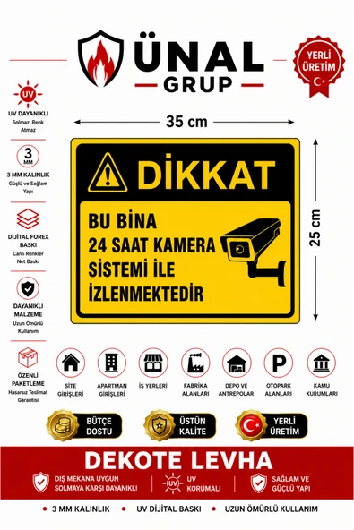 24 Saat Kamera ile İzlenmektedir Uyarı Levhası Kapı Duvar İkaz Tabelası PVC İş Yeri Depo ürün görseli 1