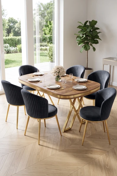 Nisare Serisi 90x168 Lak Panel Hazar Masa Takımı Gold Ayaklı 6 Sandalye ürün görseli 1