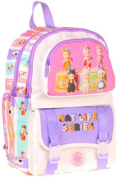 Kaukko Kids Dört Bölmeli Kız Çocuk Cat Life Baskılı Mor - Krem Okul Sırt Çantası - L5313 ürün görseli 1
