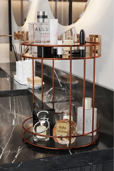 Banyo Kozmetik Takı Düzenleyici Çok Amaçlı Organizer 2 Katlı Servis Sunum Tepsisi Rose Gold ürün görseli 1