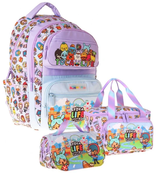 Kaukko Kids Toca Life(Lila - Turkuaz Renk) Kız Çocuk Üçlü İlkokul Okul Çantası Seti/Takımı - SETKK-L5338A ürün görseli 1