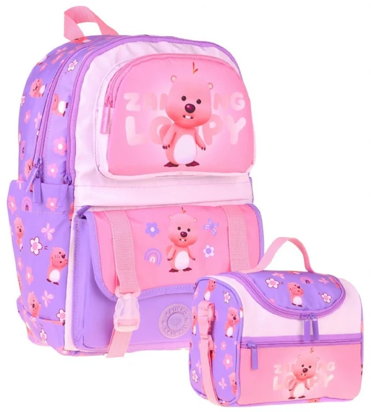 Kaukko Kids Loopy Kız Çocuk Lila - Pembe İlkokul Sırt Çantası ve Beslenme Çanta Seti - SETKK-L5303B ürün görseli 1