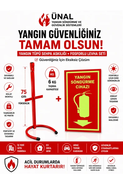 Yangın Tüpü Standı Sehpası + Fosforlu Yangın Söndürme Cihazı Levhası Seti 6 kg Uyumlu İş ürün görseli 1