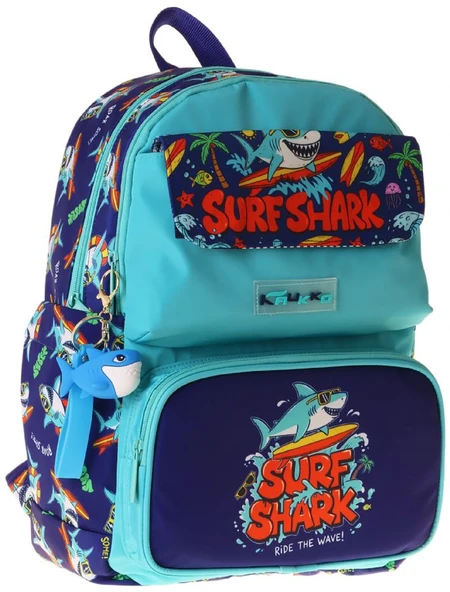 Kaukko Kids Erkek Çocuk Süpar Köpekbalığı Baskılı Okul Çantası - Yeşil - Lacivert - Surf - L5354 ürün görseli 1