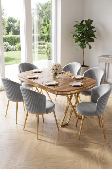 Nisare Serisi 90x168 Lak Panel Hazar Masa Takımı Gold Ayaklı 6 Sandalye ürün görseli 1