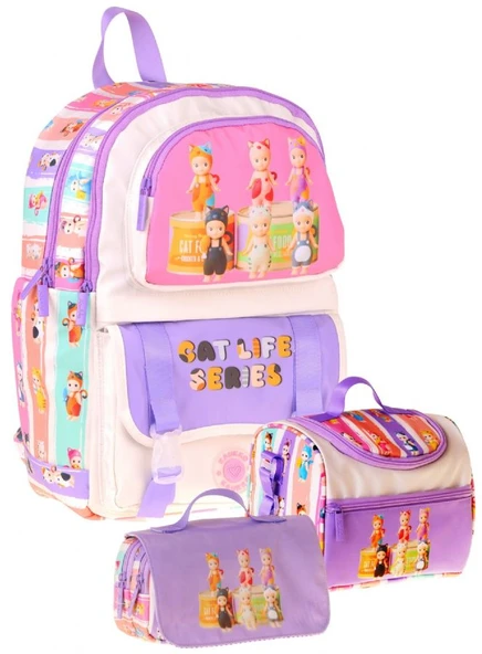 Kaukko Kids Cat Life(Mor - Krem Renk) Kız Çocuk Üçlü İlkokul Okul Çantası Seti/Takımı - SETKK-L5313A ürün görseli 1