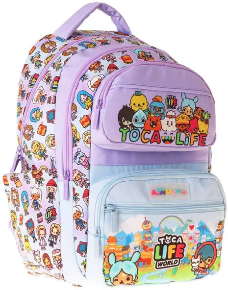 Kaukko Kids Beş Bölmeli Kız Çocuk Toca Life Baskılı Lila - Turkuaz İlkokul Okul Sırt Çantası - L5338 ürün görseli 1