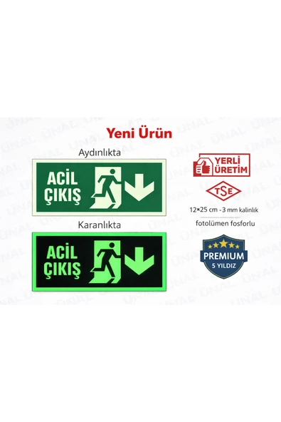 Acil Çıkış Yönlendirme Levhası 12x25 cm Fosforlu Fotolümen Kapı Duvar Yönlendirme Tabelası ürün görseli 1