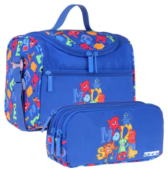 Kaukko Kids Erkek Çocuk Moster Baskılı Mavi Thermo Beslenme Çantası ve Kalemlik Seti - SETKK-L5405 ürün görseli 1