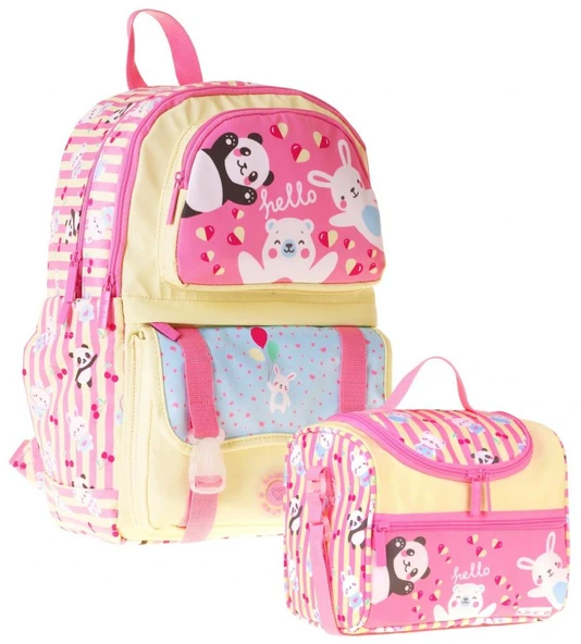 Kaukko Kids Hello Kız Çocuk Sarı - Pembe İlkokul Sırt Çantası ve Beslenme Çanta Seti - SETKK-L5308B ürün görseli 1