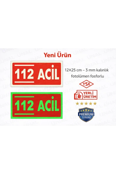 Fosforlu 112 Acil Yön Levhası Kolay Montaj İş Yeri Apartman Uyumlu Yönlendirme Levhası ürün görseli 1