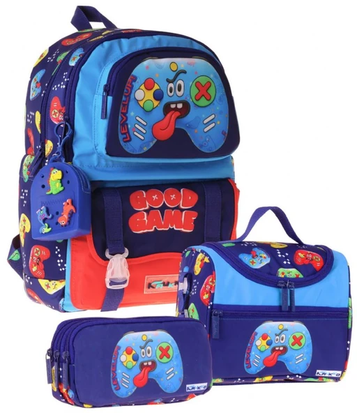 Kaukko Kids Good Game(Lacivert - Kırmızı Renk) Erkek Çocuk Üçlü İlkokul Okul Çantası Seti/Takımı - SETKK-L5389A ürün görseli 1