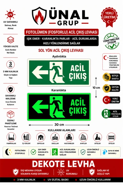 Acil Çıkış Yönlendirme Levhası 12x25 cm Fosforlu Fotolümen Yönlendirme Tabelası Kapı Duvar ürün görseli 1