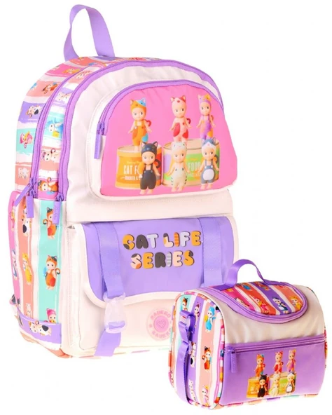 Kaukko Kids Cat Life Kız Çocuk Mor - Krem İlkokul Sırt Çantası ve Beslenme Çanta Seti - SETKK-L5313B ürün görseli 1