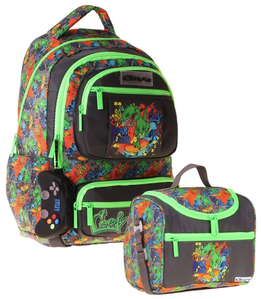 Kaukko Kids Street Erkek Çocuk Siyah - Yeşil İlkokul Sırt Çantası ve Beslenme Çanta Seti - SETKK-L5414B ürün görseli 1