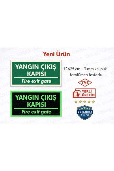 Fotolümen Fosforlu Yangın Çıkış Kapısı / fıre Acil Çıkış Gate Yön Levhası 12x25 cm PVC ürün görseli 1